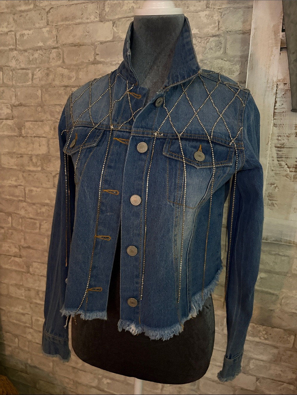 Quilted Stitch Dark Blue Denim Jacket with Sparkly Hem